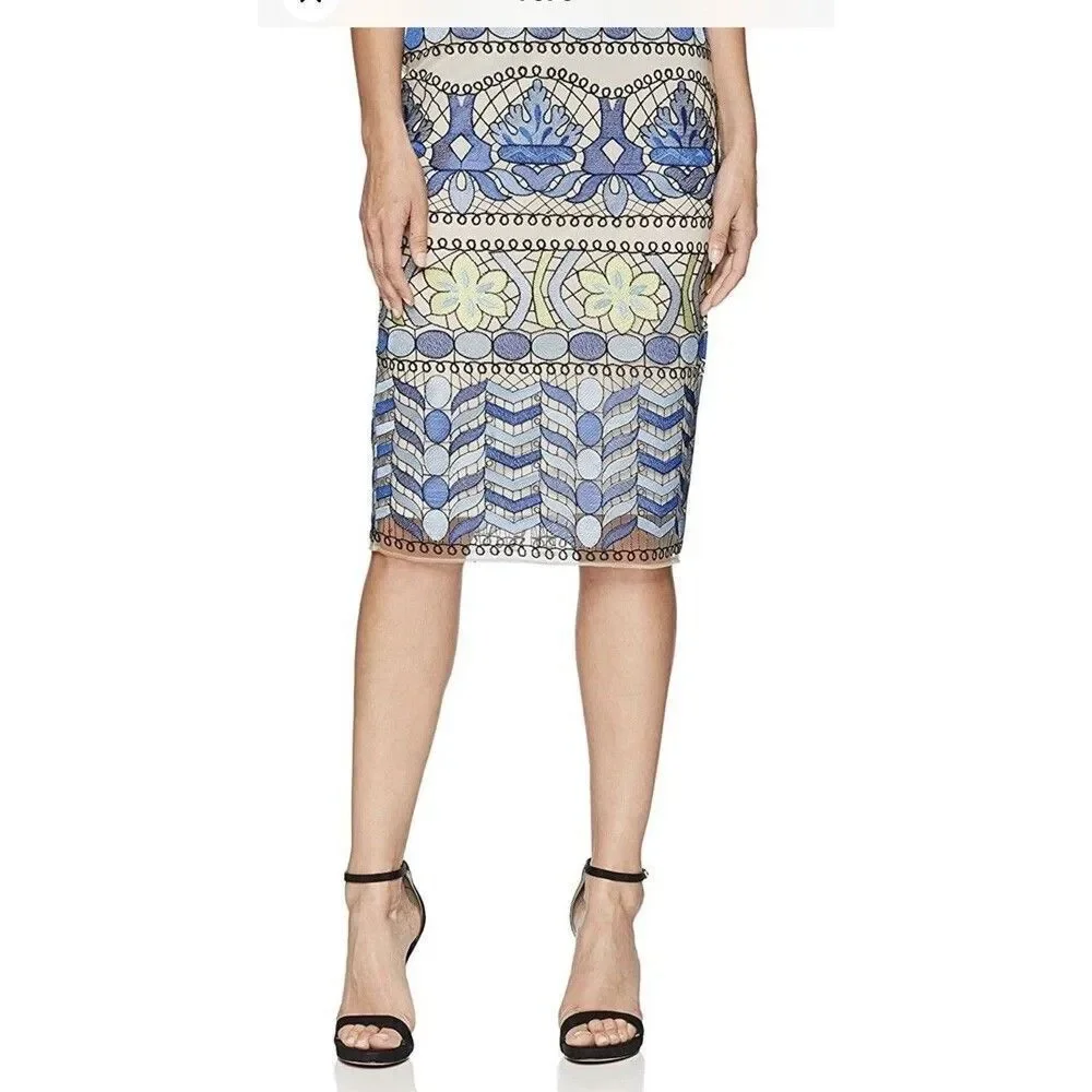 Beige ECI All Over Embroidery Midi Length Skirt 8 Teal Green Floral Lace Lined